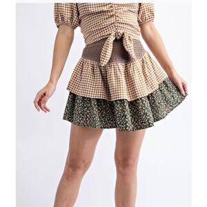 Easel Gingham Printed Cotton Voile Crop Top & Mini Skirt S Mocha